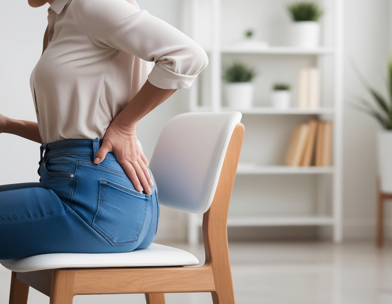 ai generated, woman, back, pain, health, therapy, sad, hurt, seat, sit, back pain