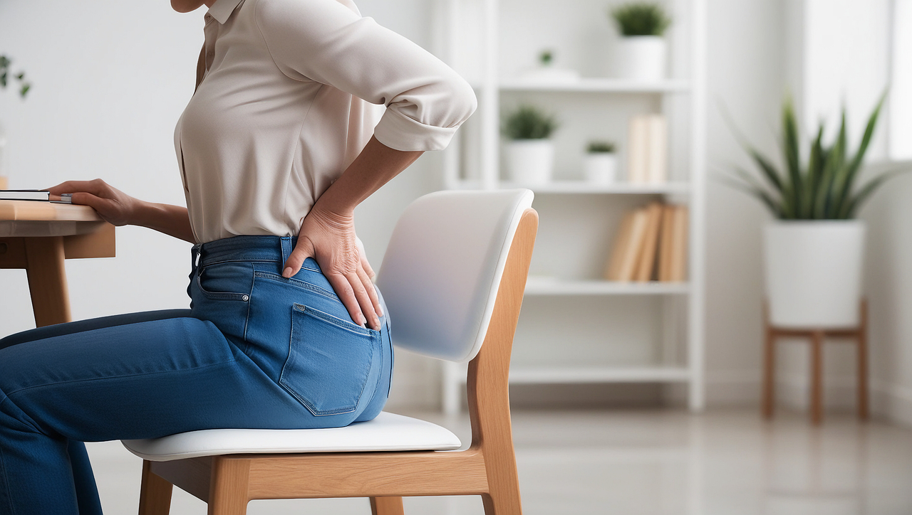 ai generated, woman, back, pain, health, therapy, sad, hurt, seat, sit, back pain